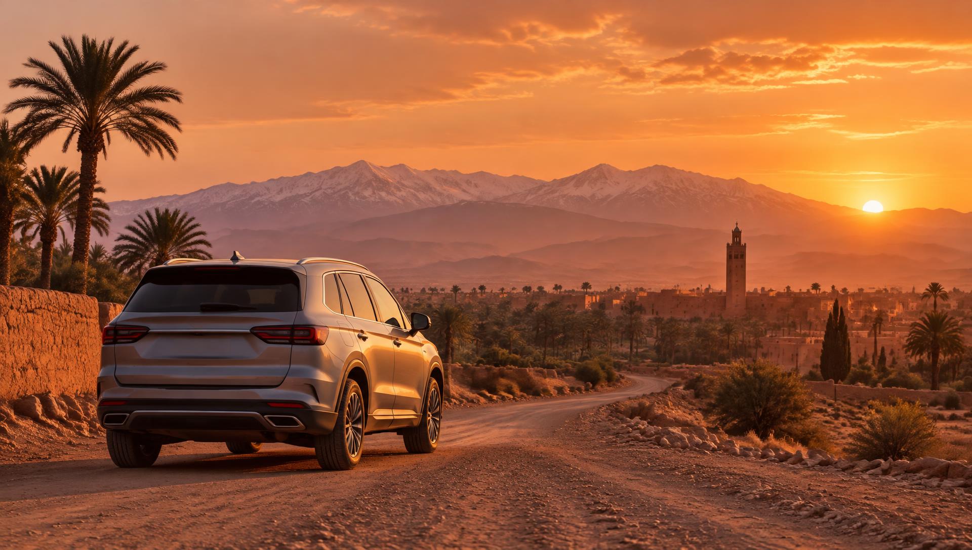 SUV driving along a Marrakech desert road at sunset